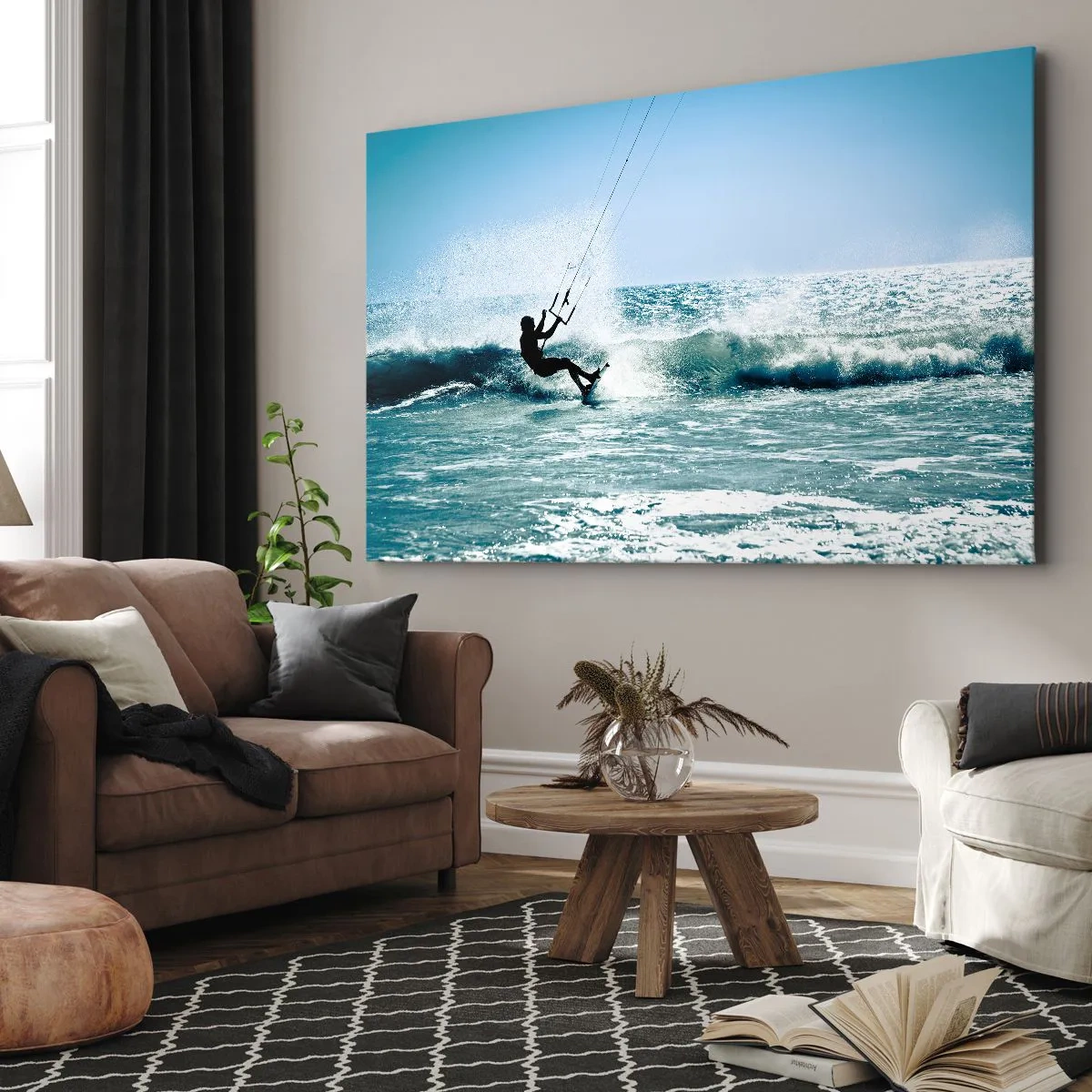 Obraz na plátně - Kitesurfer na vlně na plném slunci - 70x50cm - Nechte se unést - Moderní nástěnná dekorace do obývacího pokoje a ložnice ARTTOR