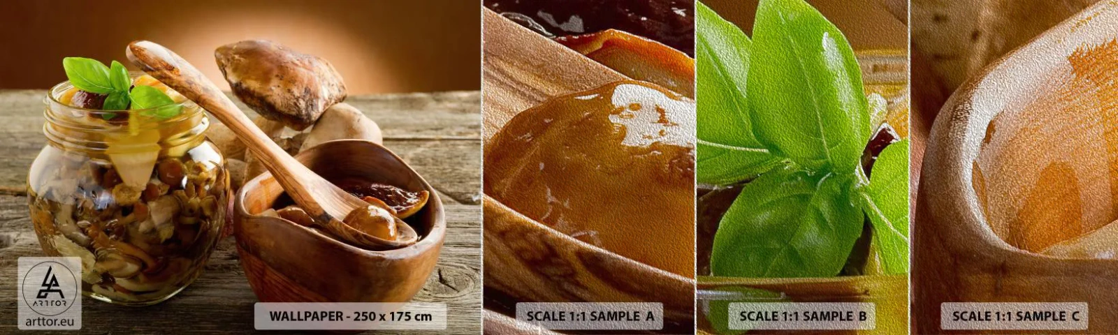 Vzor Fototapety Premium Sand - Ať už čerstvý nebo solený, nebo podzimní… - Gastronomie, Houby, Kuchyně - 100x30 cm