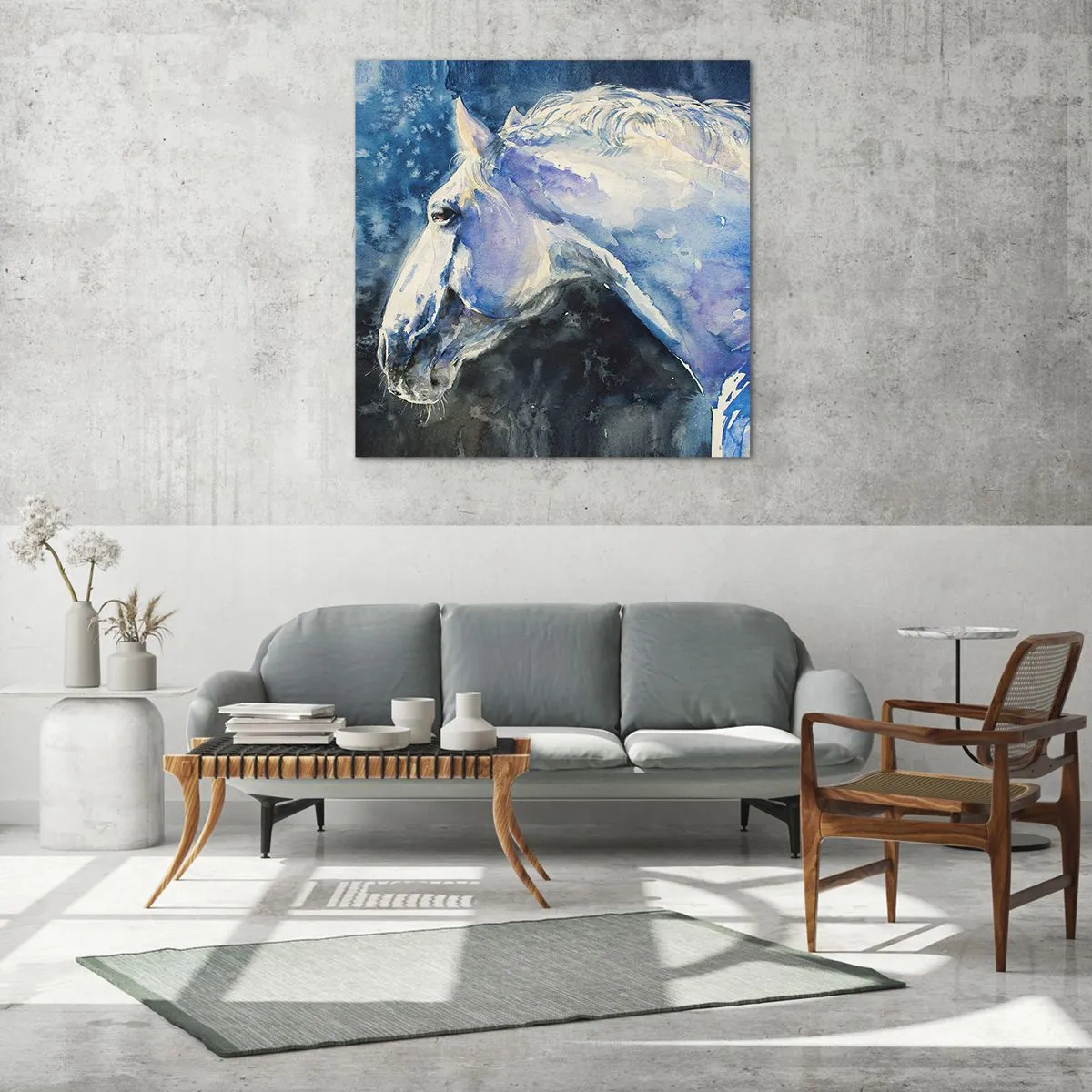 Obraz na skle - Portrét v modré záři - 60x60 cm