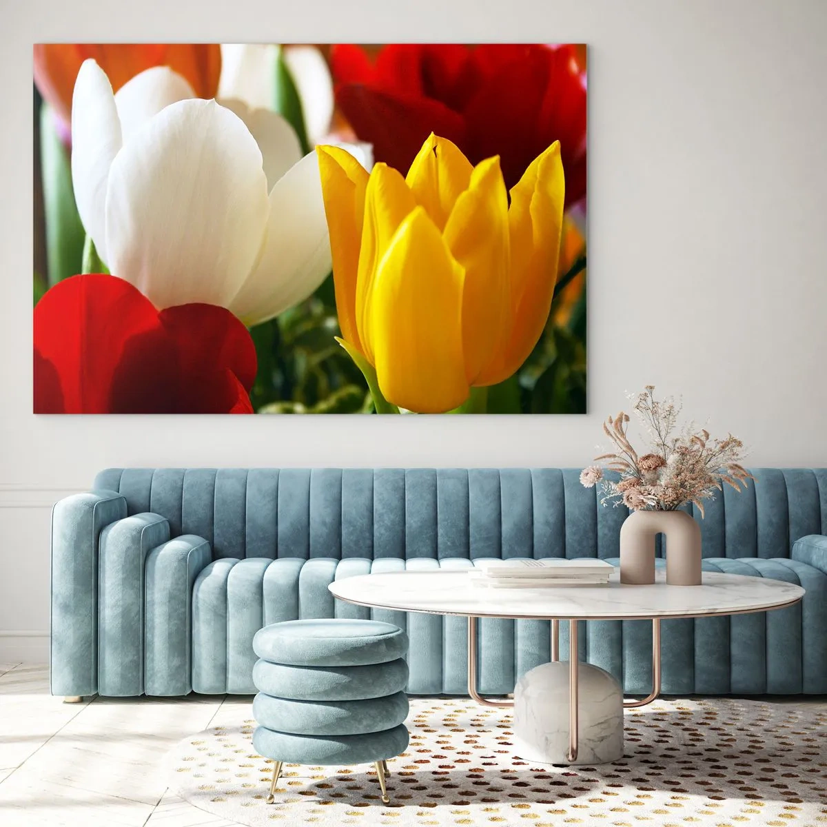 Obraz na skle - Barevné tulipány detail - 70x50cm - Tulipánová horečka - Moderní nástěnná dekorace do obývacího pokoje a ložnice ARTTOR