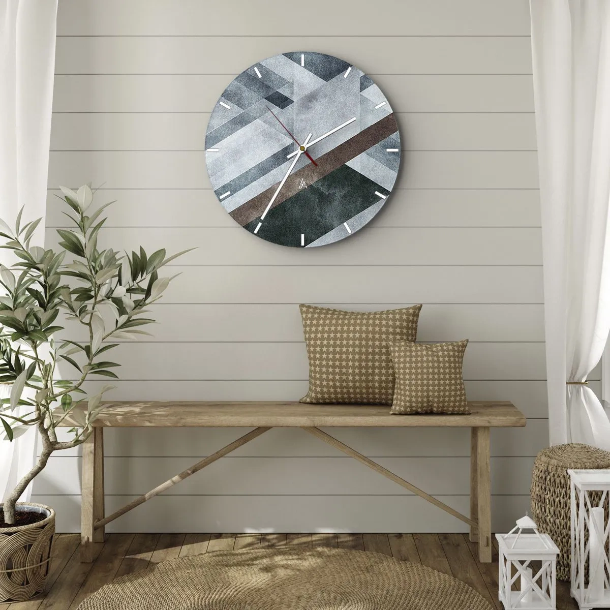 Nástěnné hodiny - Geometrie v odstínech modré, hnědé a šedé - 30x30cm - Sofistikovaná elegance geometrie - Moderní nástěnná dekorace do obývacího pokoje, kuchyně a ložnice ARTTOR