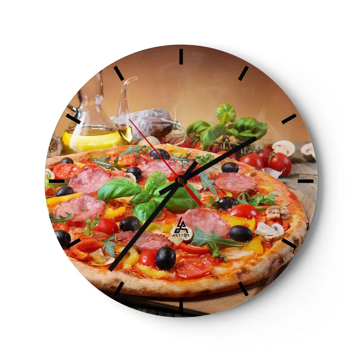 Nástěnné hodiny - Chutná pizza s polevou na dřevěném stole - 30x30cm - Se skutečně italskou chutí - Moderní nástěnná dekorace do obývacího pokoje, kuchyně a ložnice ARTTOR