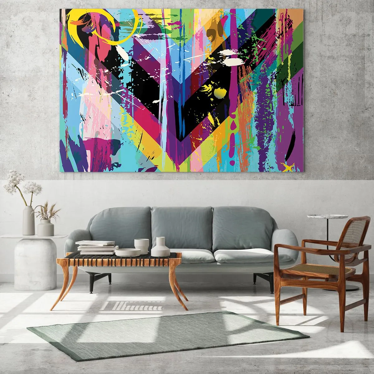 Obraz na skle - Barevná abstrakce s dynamickými tvary a intenzivními barvami - 70x50cm - Shora dolů - Moderní nástěnná dekorace do obývacího pokoje a ložnice ARTTOR