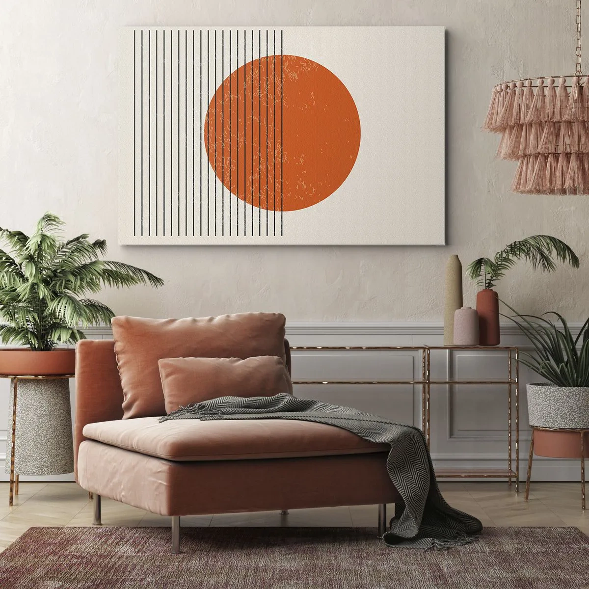 Obraz na plátně - Minimalistické slunce s geometrickými liniemi - 70x50cm - Vždy slunce - Moderní nástěnná dekorace do obývacího pokoje a ložnice ARTTOR
