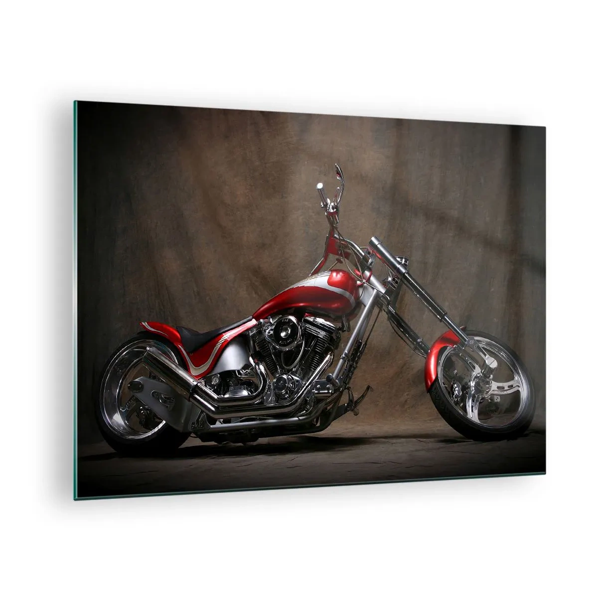 Obraz na skle - Červený motocykl na zakázku na tmavém pozadí - 70x50cm - Červeno-stříbrná krása - Moderní nástěnná dekorace do obývacího pokoje a ložnice ARTTOR