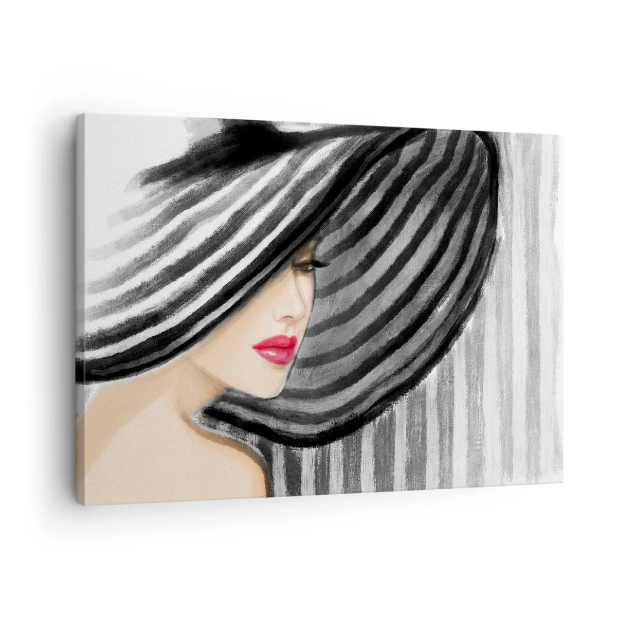 Obraz na plátně - Žena v černobílém klobouku s červeným akcentem - 70x50cm - Kde tě hledat? - Moderní nástěnná dekorace do obývacího pokoje a ložnice ARTTOR
