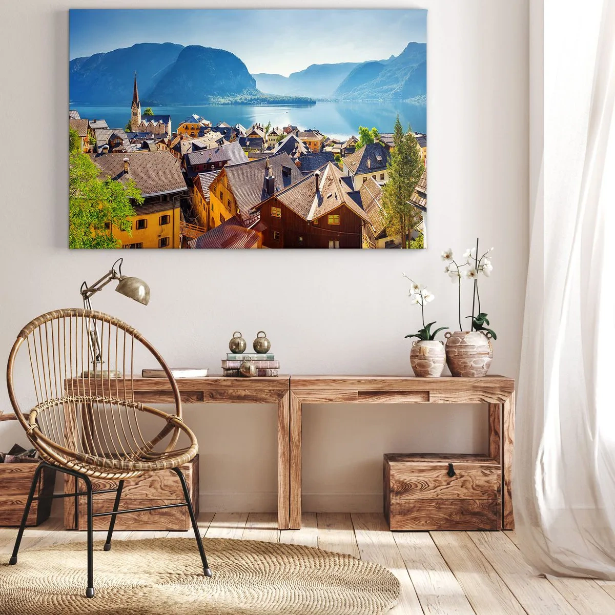 Obraz na plátně - Malebná vesnice u jezera obklopená horami za slunečného dne - 70x50cm - Víc malebně to nejde - Moderní nástěnná dekorace do obývacího pokoje a ložnice ARTTOR