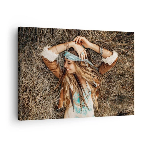 Obraz na plátně - Boho styl žena ležící na seně - 70x50cm - Na cestě do léta lásky - Moderní nástěnná dekorace do obývacího pokoje a ložnice ARTTOR
