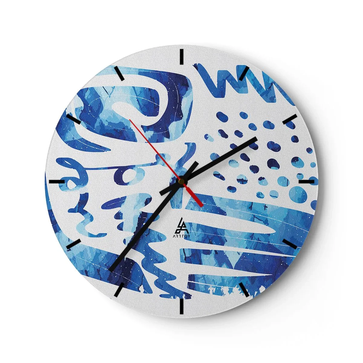 Nástěnné hodiny - Abstraktní modré vzory na bílém pozadí - 30x30cm - Zpět ke kořenům - Moderní nástěnná dekorace do obývacího pokoje, kuchyně a ložnice ARTTOR