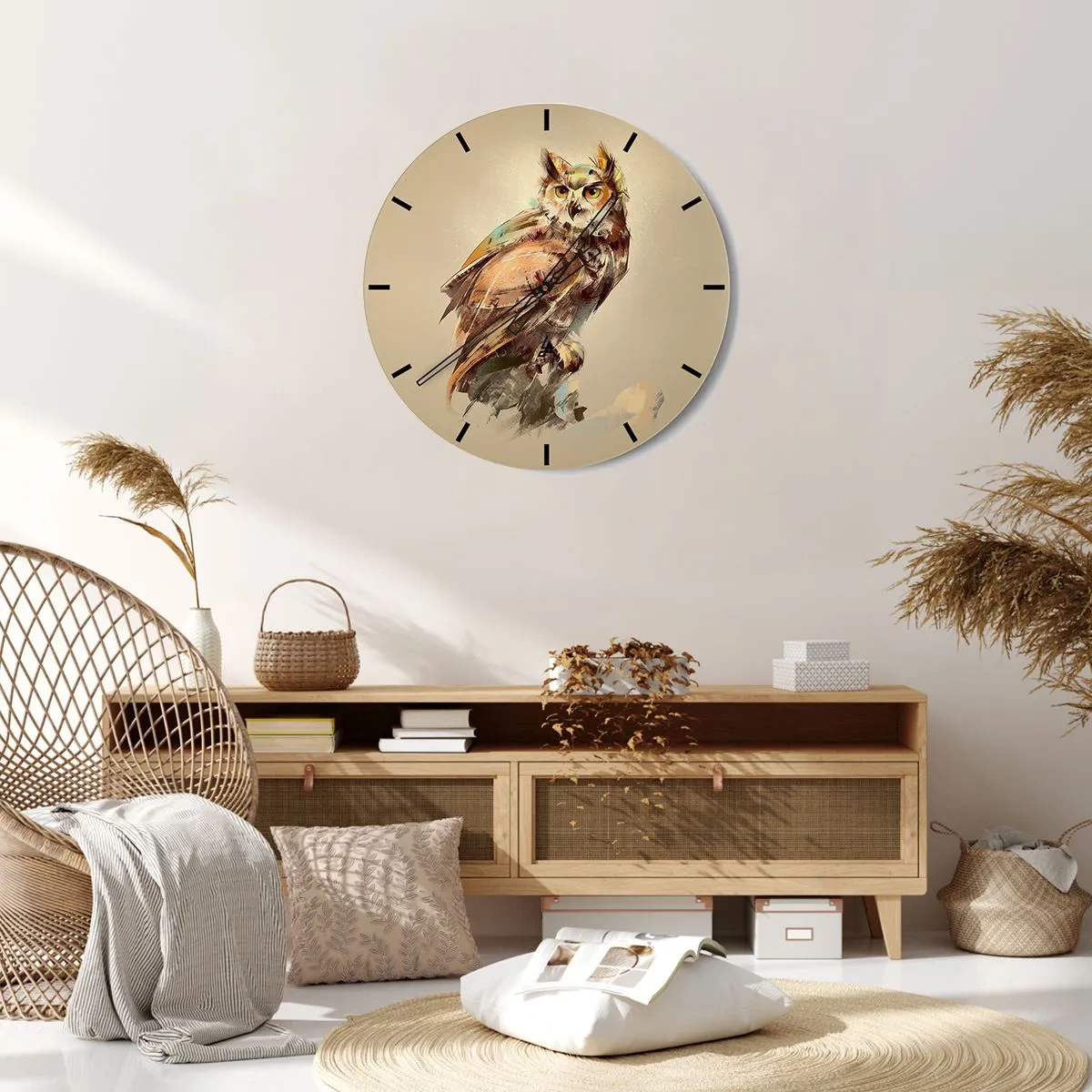 Nástěnné hodiny - Umělecký portrét sovy na béžovém pozadí - 30x30cm - Nejchytřejší sova - potvrdí doubrava - Moderní nástěnná dekorace do obývacího pokoje, kuchyně a ložnice ARTTOR