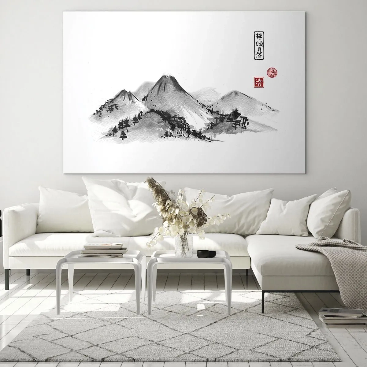 Obraz na skle - Minimalistická horská krajina v orientálním stylu - 70x50cm - Za hranicí vzdálenosti - Moderní nástěnná dekorace do obývacího pokoje a ložnice ARTTOR
