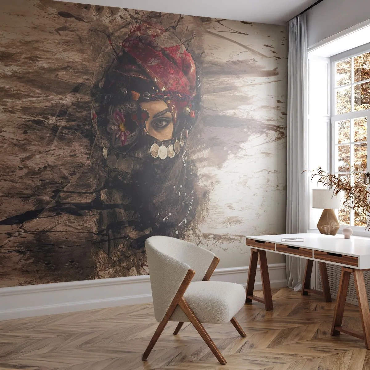 Fototapeta Premium Canvas - Přinejmenším znepokojující - Abstrakce, ženská tvář, Orientální Symboly - 300x210 cm