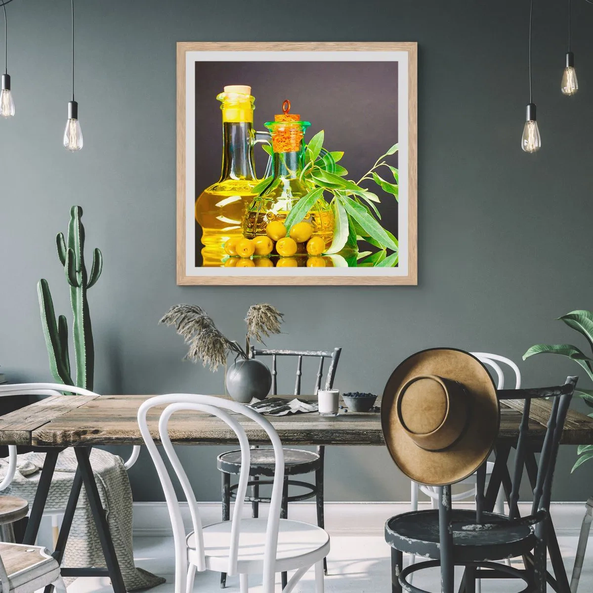 Plakát v rámu světlý dub - Zátiší s olivami a olejem - 40x40 cm
