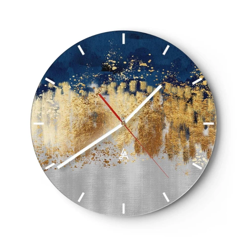 Nástěnné hodiny - Zlaté odlesky a modro-stříbrné pozadí v abstraktním stylu - 30x30cm - Moderní kompozice s jiskrou - Moderní nástěnná dekorace do obývacího pokoje, kuchyně a ložnice ARTTOR