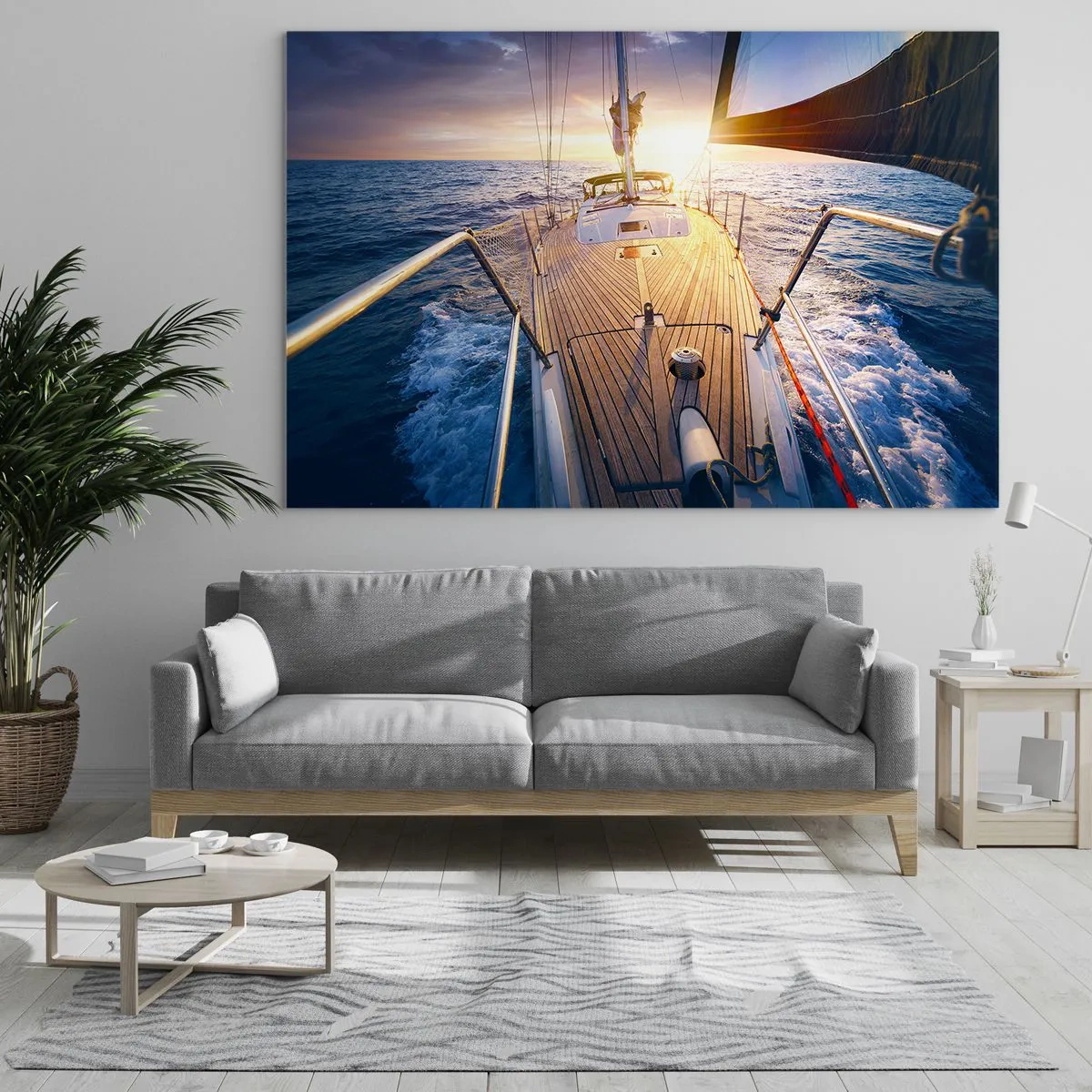 Obraz na skle - Paluba plachetnice na pozadí zapadajícího slunce a mořských vln - 70x50cm - Běžící po vlnách - Moderní nástěnná dekorace do obývacího pokoje a ložnice ARTTOR