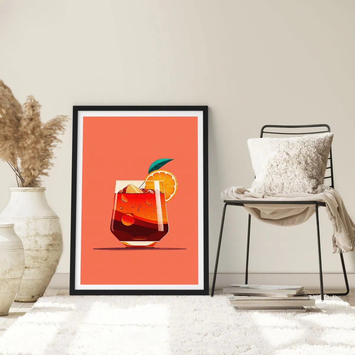 Plakát v černém rámu - Sklenice koktejlu s plátkem pomeranče - 50x70cm - Letní osvěžení - Moderní nástěnná dekorace do obývacího pokoje a ložnice ARTTOR