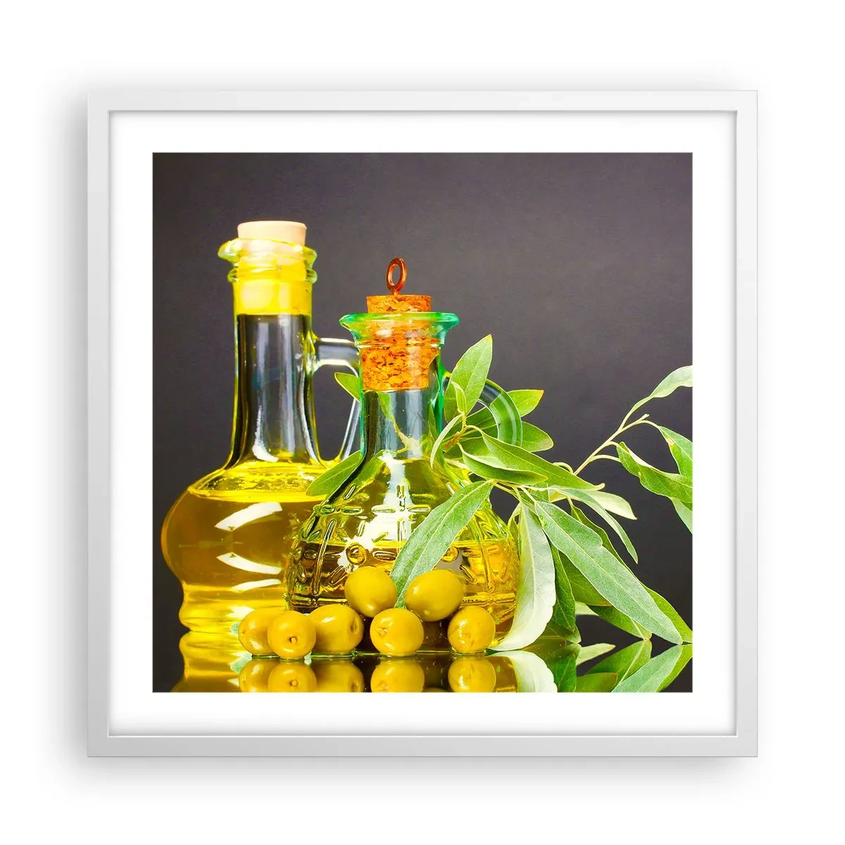 Plakát v bílém rámu - Zátiší s olivami a olejem - 50x50 cm
