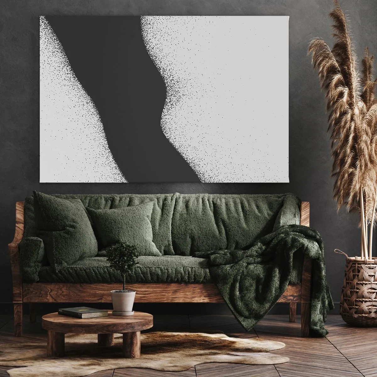 Obraz na plátně - Abstraktní černobílý vzor s jemnými tečkami na plátně - 70x50cm - Plynulá rovnováha - Moderní nástěnná dekorace do obývacího pokoje a ložnice ARTTOR