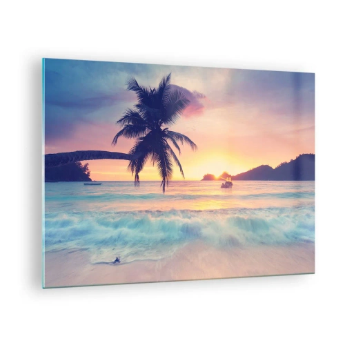 Obraz na skle - Pláž s palmami při západu slunce s lodí na obzoru - 70x50cm - Večer v zátoce - Moderní nástěnná dekorace do obývacího pokoje a ložnice ARTTOR