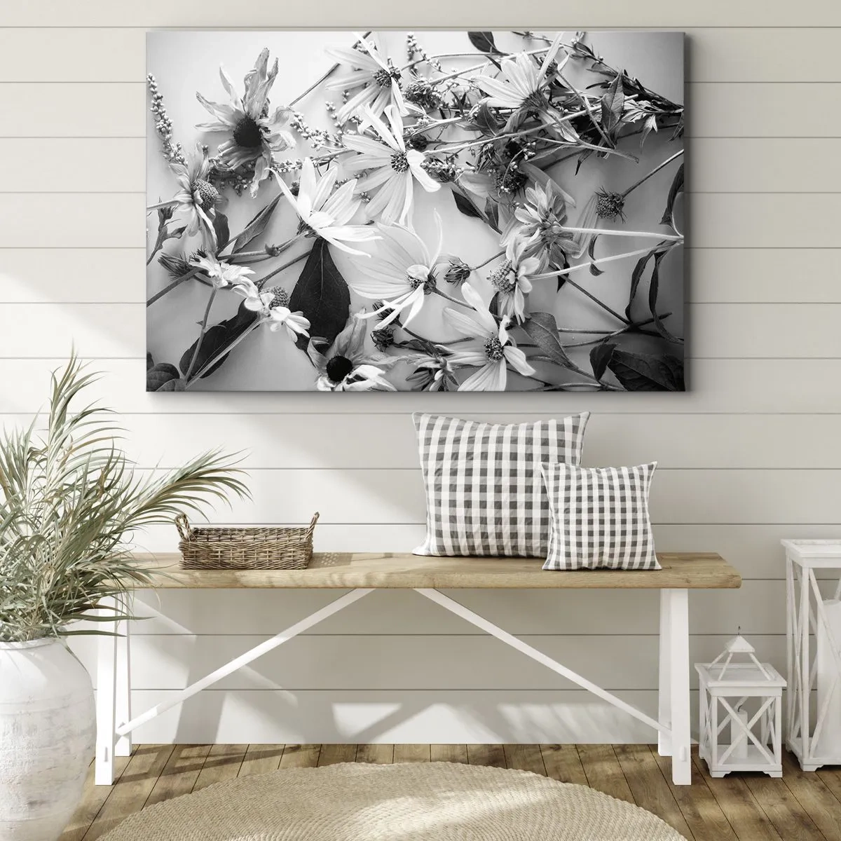 Obraz na plátně - Černobílé květinové aranžmá v decentním uměleckém stylu - 70x50cm - Květiny bez kytice - Moderní nástěnná dekorace do obývacího pokoje a ložnice ARTTOR