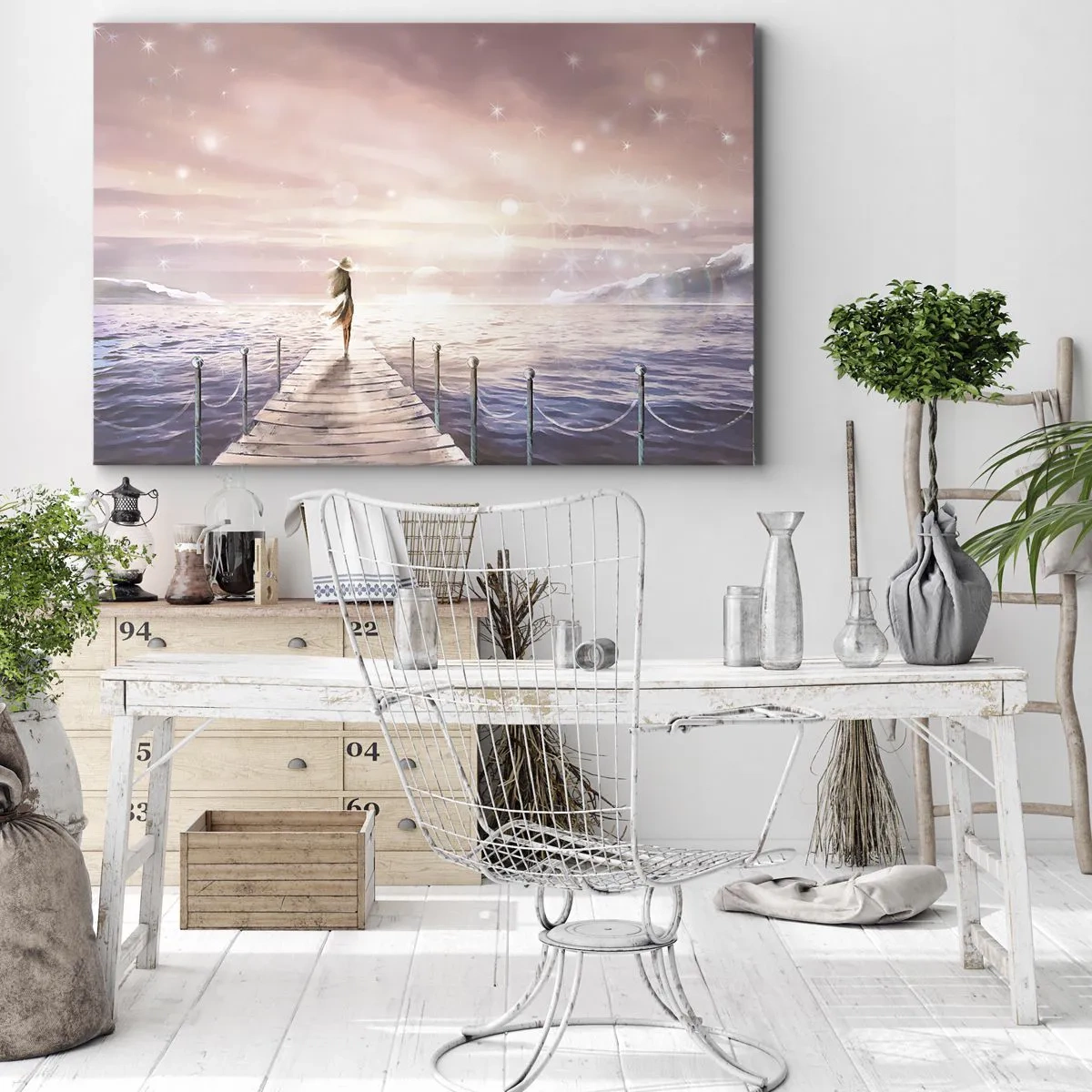 Obraz na plátně - Žena na molu v magickém prostředí západu slunce - 70x50cm - Ve světle snu - Moderní nástěnná dekorace do obývacího pokoje a ložnice ARTTOR