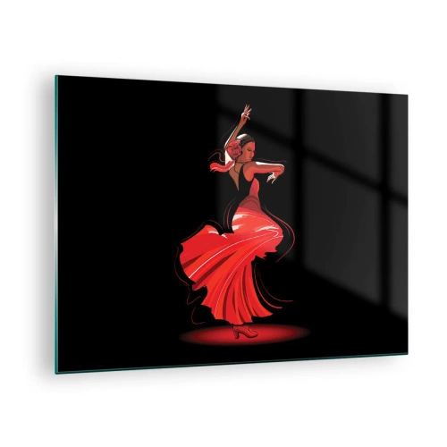 Obraz na skle - Flamenco tanečnice v červených šatech na černém pozadí - 70x50cm - Žhavá duše flamenco - Moderní nástěnná dekorace do obývacího pokoje a ložnice ARTTOR