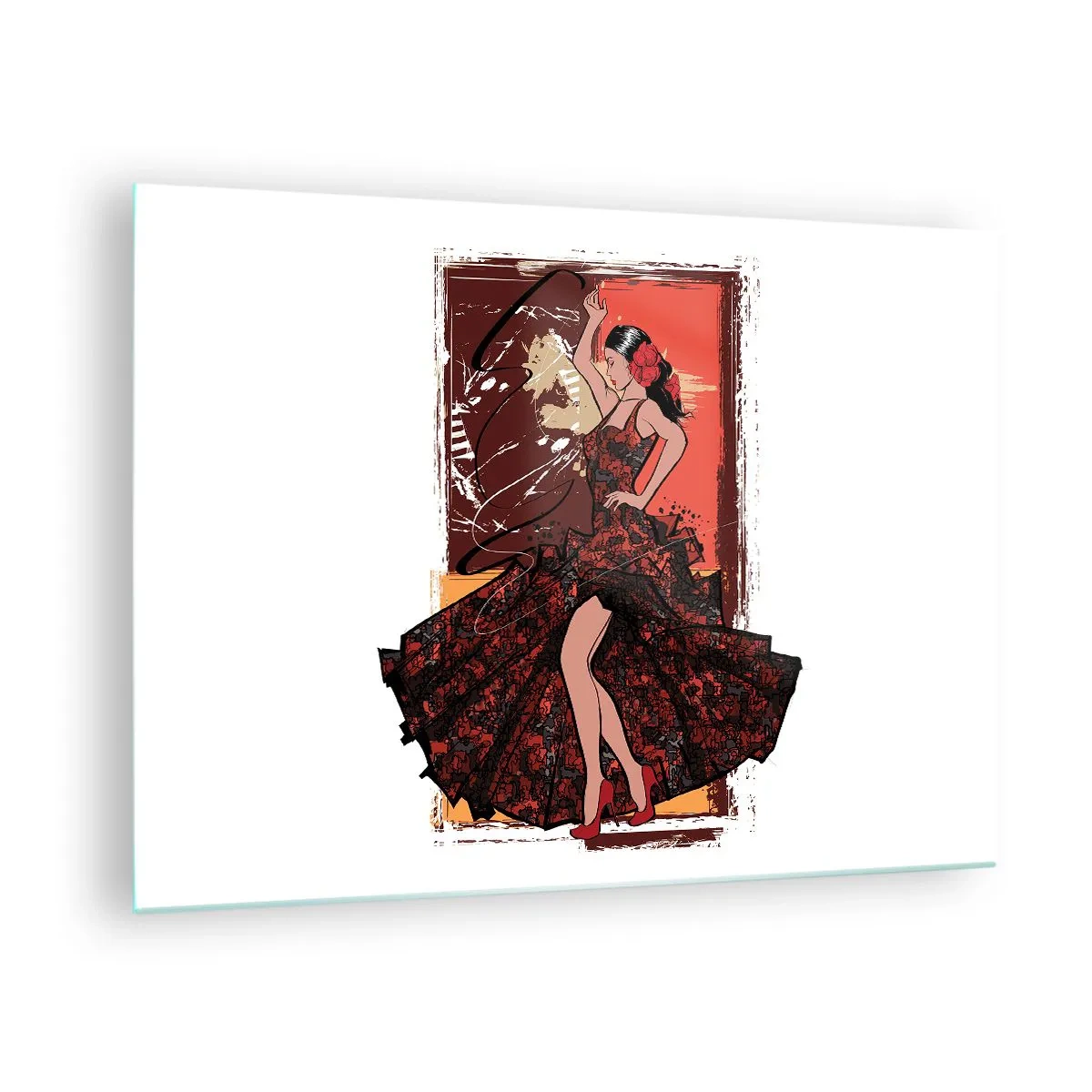Obraz na skle - Flamenco tanečnice v elegantních červenočerných šatech - 70x50cm - V rytmu srdce - Moderní nástěnná dekorace do obývacího pokoje a ložnice ARTTOR