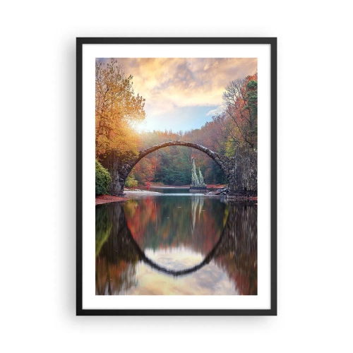 Plakát v černém rámu - Kamenný most přes jezero v podzimní krajině - 50x70cm - Za zrcadlem - Moderní nástěnná dekorace do obývacího pokoje a ložnice ARTTOR