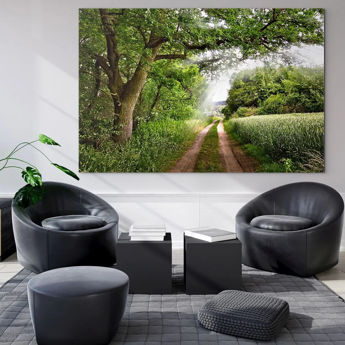 Obraz na skle - Lesní cesta obklopená zelení v paprscích slunce - 70x50cm - Et in Arcadia ego - Moderní nástěnná dekorace do obývacího pokoje a ložnice ARTTOR