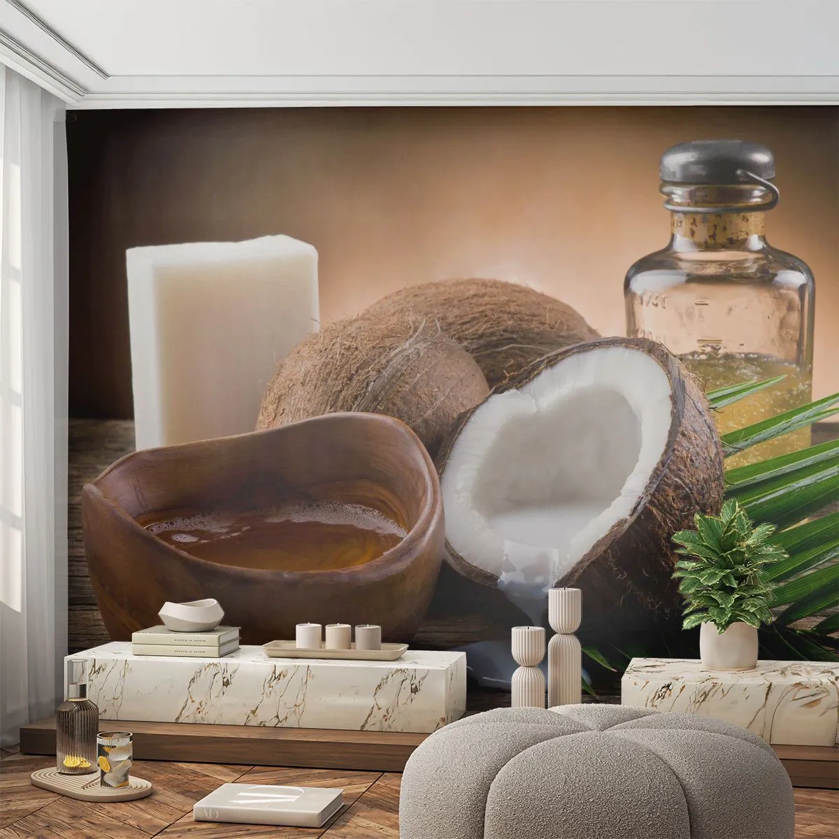 Fototapeta Premium Sand - Zdraví z tropických ostrovů - Kokosový ořech, Lázně, Kokosový olej - 400x280 cm