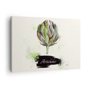 Obraz na plátně - Akvarelový artyčok s textem na světlém pozadí se zelenými akcenty - 70x50cm - Ať žije zelenina! - Moderní nástěnná dekorace do obývacího pokoje a ložnice ARTTOR