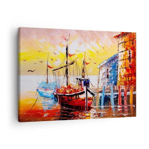 Obraz na plátně - Malebný přístav při západu slunce s rybářskými loděmi - 70x50cm - Šťastný návrat - Moderní nástěnná dekorace do obývacího pokoje a ložnice ARTTOR