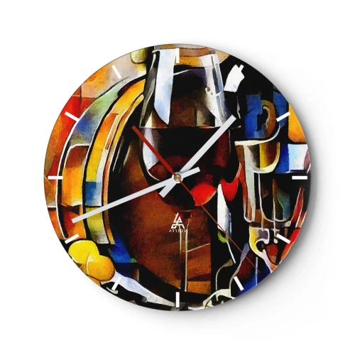 Nástěnné hodiny - Abstraktní zátiší s brýlemi a lahví v intenzivních barvách. - 30x30cm - I svět dostává barvy - Moderní nástěnná dekorace do obývacího pokoje, kuchyně a ložnice ARTTOR
