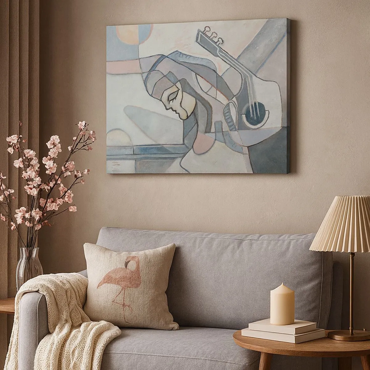 Obraz na plátně - Abstraktní postava s kytarou v pastelových barvách. - 70x50cm - V moci hudby - Moderní nástěnná dekorace do obývacího pokoje a ložnice ARTTOR