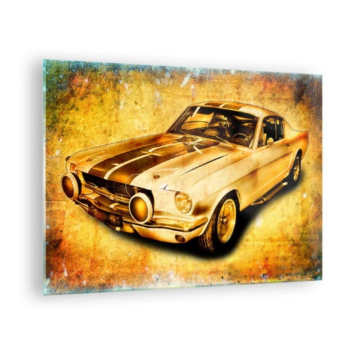 Obraz na skle - Klasické sportovní auto s vintage pozadím - 70x50cm - Šílená 70. léta - Moderní nástěnná dekorace do obývacího pokoje a ložnice ARTTOR