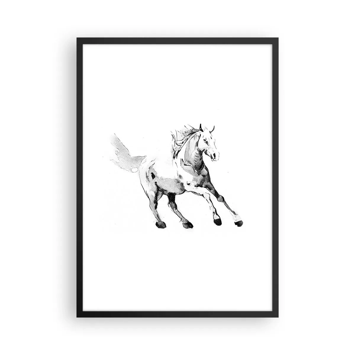 Plakát v černém rámu - Minimalistická ilustrace cválajícího koně - 50x70cm - Nezkrocená duše - Moderní nástěnná dekorace do obývacího pokoje a ložnice ARTTOR
