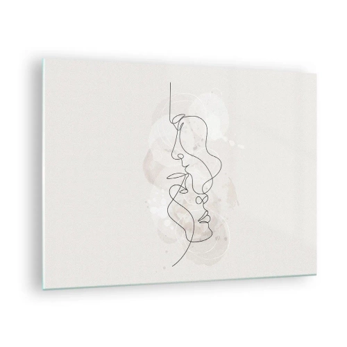 Obraz na skle - Minimalistická kresba tváří dvou lidí v jemném, smyslném objetí. - 70x50cm - Zamotaní v objetí - Moderní nástěnná dekorace do obývacího pokoje a ložnice ARTTOR