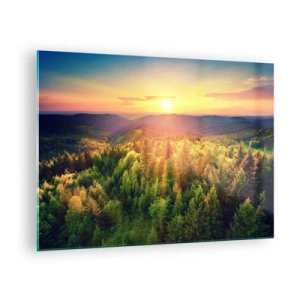 Obraz na skle - Západ slunce nad horským lesem s výhledem do údolí - 70x50cm - Vrcholky a vrcholy - Moderní nástěnná dekorace do obývacího pokoje a ložnice ARTTOR
