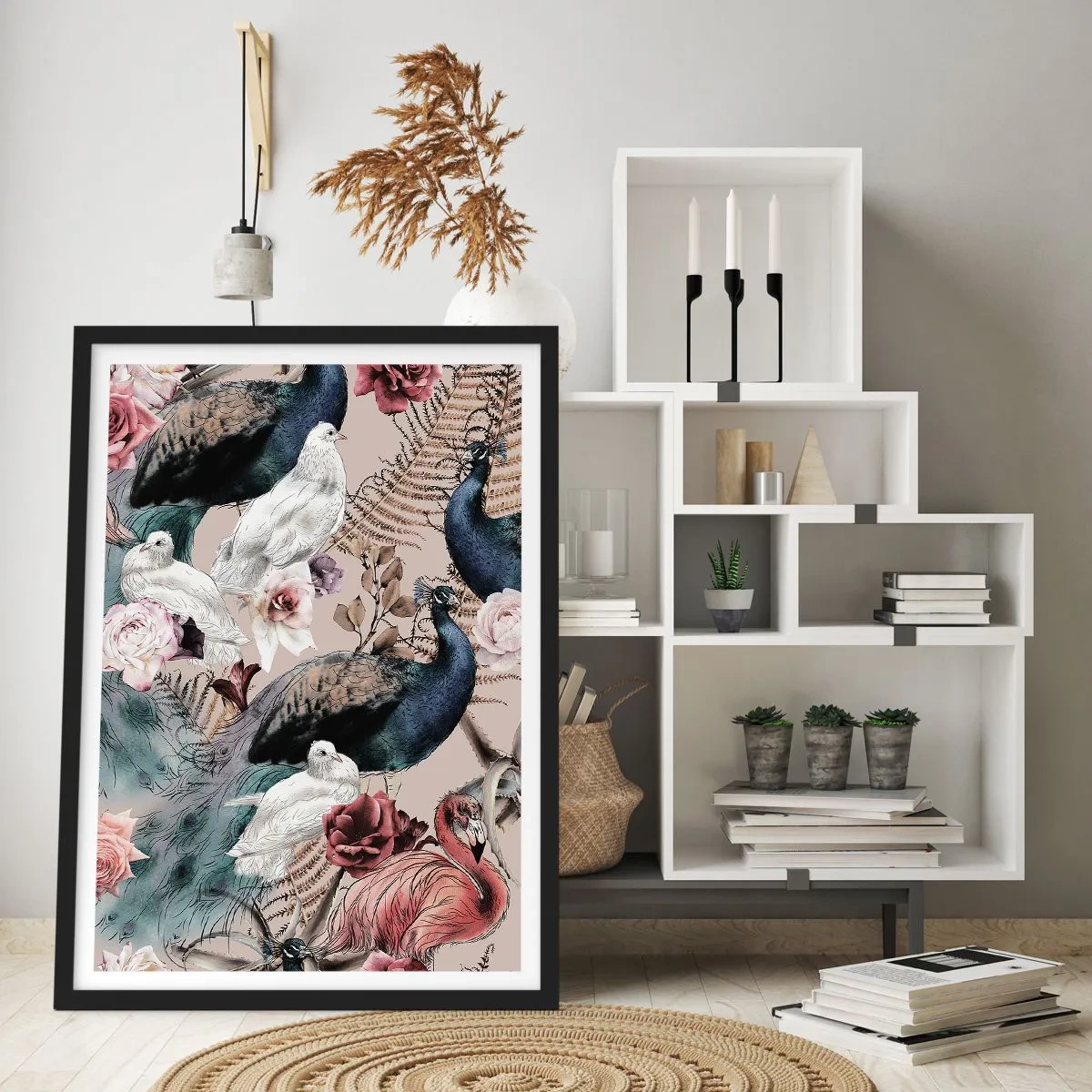 Plakát v černém rámu - Barevní ptáci a květiny na béžovém pozadí - 50x70cm - V palácové zahradě - Moderní nástěnná dekorace do obývacího pokoje a ložnice ARTTOR