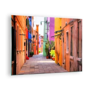 Obraz na skle - Barevná ulice s činžovními domy v teplých odstínech - 70x50cm - Duhová ulička - Moderní nástěnná dekorace do obývacího pokoje a ložnice ARTTOR