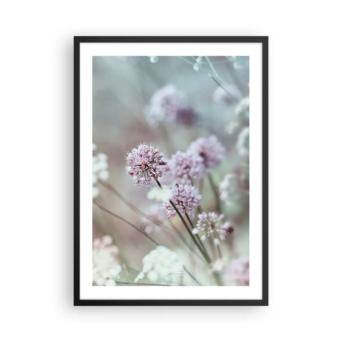 Plakát v černém rámu - Jemné květiny v pastelových barvách - 50x70cm - Sladké filigrány bylinek - Moderní nástěnná dekorace do obývacího pokoje a ložnice ARTTOR