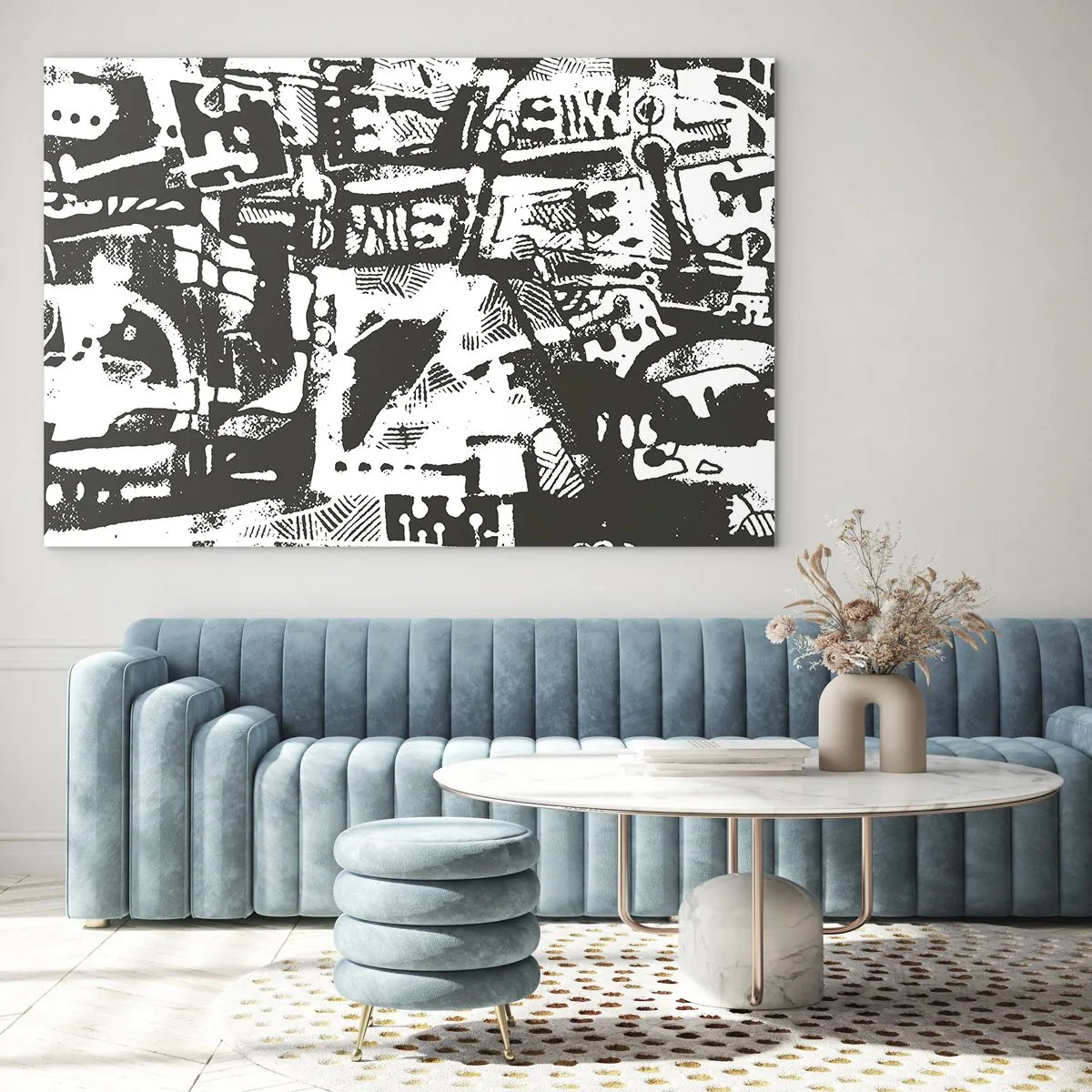 Obraz na skle - Černobílá abstrakce s geometrickými a technickými motivy - 70x50cm - Pořádek nebo chaos? - Moderní nástěnná dekorace do obývacího pokoje a ložnice ARTTOR