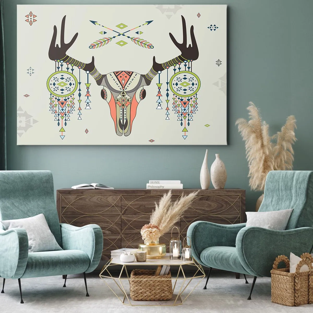 Obraz na plátně - Boho dekorace s jelení lebkou a lapači snů - 70x50cm - Trofej indiánského lovce - Moderní nástěnná dekorace do obývacího pokoje a ložnice ARTTOR