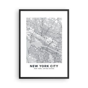 Plakát v černém rámu - Minimalistická mapa New Yorku - 50x70cm - Anatomie metropole - Moderní nástěnná dekorace do obývacího pokoje a ložnice ARTTOR