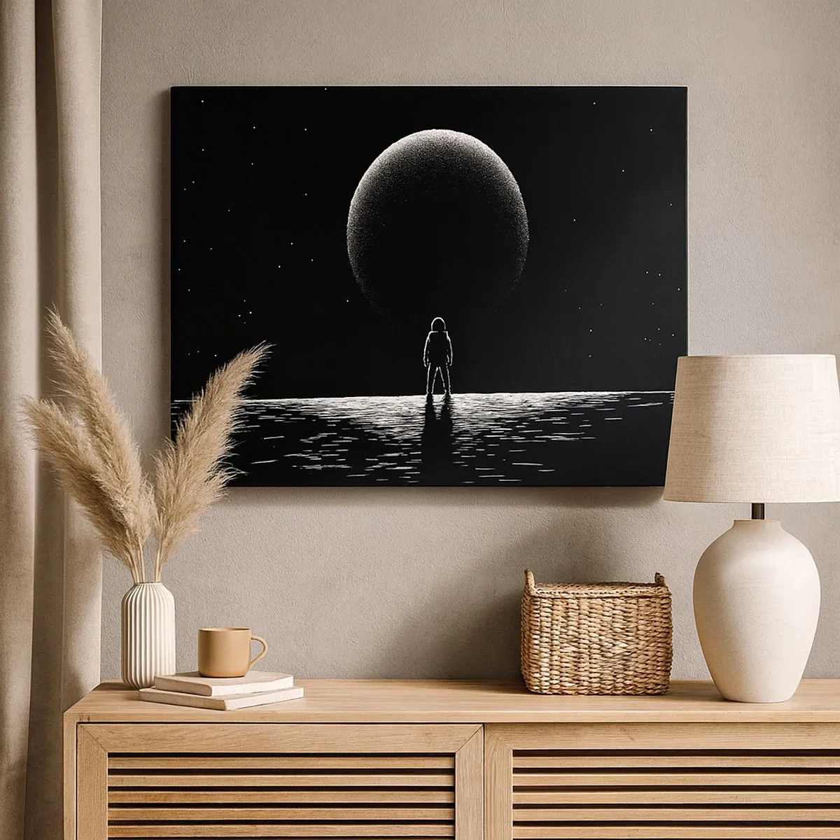 Obraz na plátně - Astronaut na pozadí velké planety ve vesmíru - 70x50cm - Tváři v tvář - Moderní nástěnná dekorace do obývacího pokoje a ložnice ARTTOR