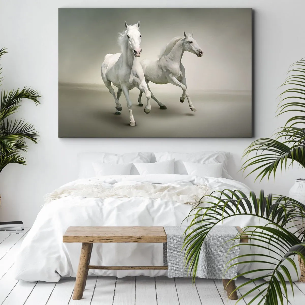 Obraz na plátně - Dva bílí koně cválající na světlém pozadí - 70x50cm - White power! - Moderní nástěnná dekorace do obývacího pokoje a ložnice ARTTOR