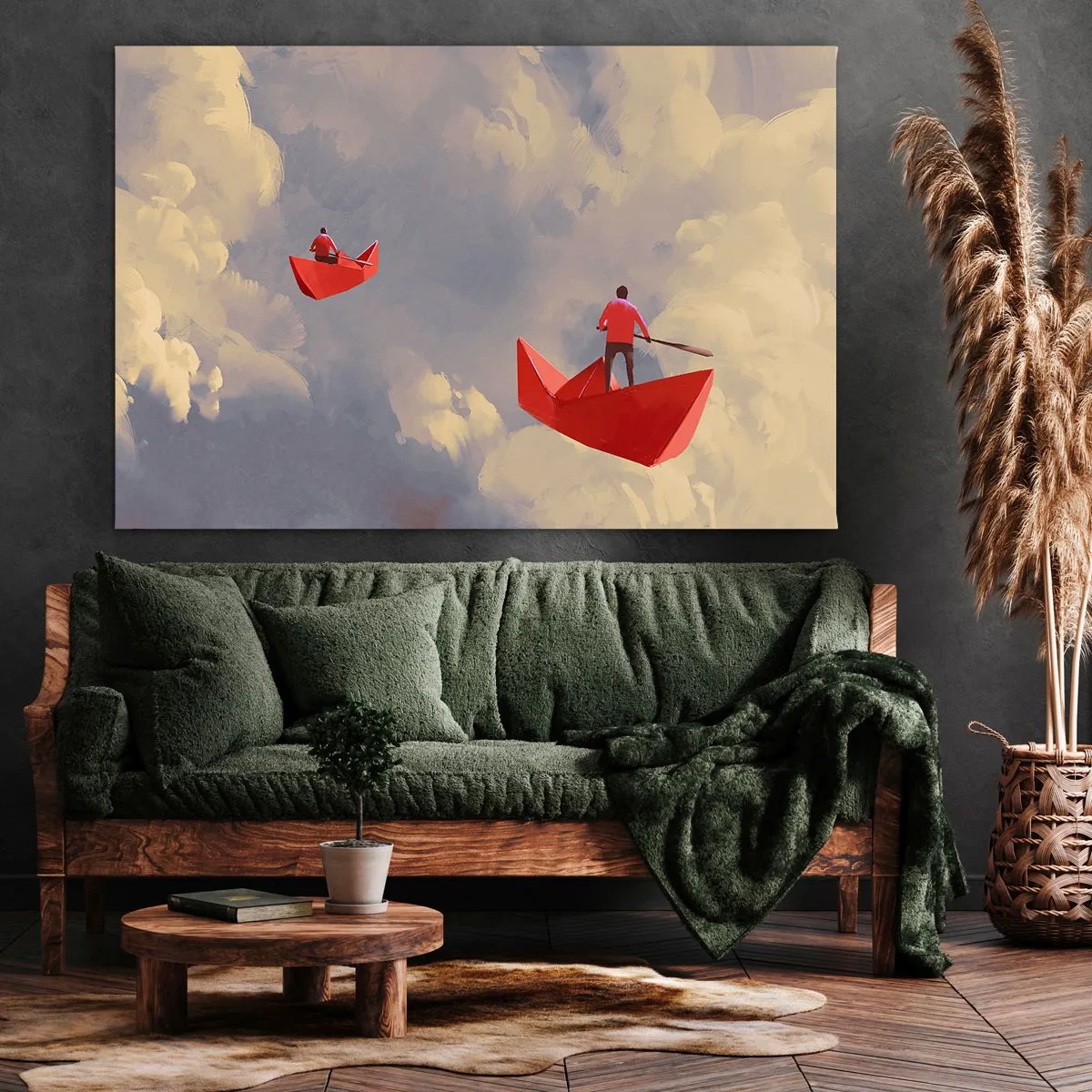 Obraz na plátně - Červené papírové lodičky plující v oblacích - 70x50cm - Výprava snílků - Moderní nástěnná dekorace do obývacího pokoje a ložnice ARTTOR