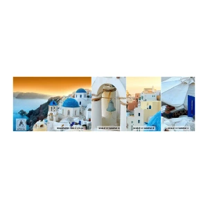 Vzor Fototapety Samolepicí Deluxe Sticker - Santorini - přitulené ke skalám - Krajina, Řecko, Santorini - 100x30 cm