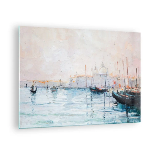 Obraz na skle - Impresionistická krajina s loděmi a budovami - 70x50cm - Za vodou, za mlhou - Moderní nástěnná dekorace do obývacího pokoje a ložnice ARTTOR