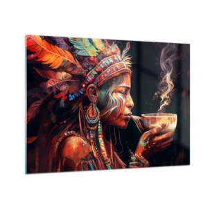 Obraz na skle - Postava v opeřené čelence pije lektvar v mystické atmosféře - 70x50cm - Magický rituál - Moderní nástěnná dekorace do obývacího pokoje a ložnice ARTTOR